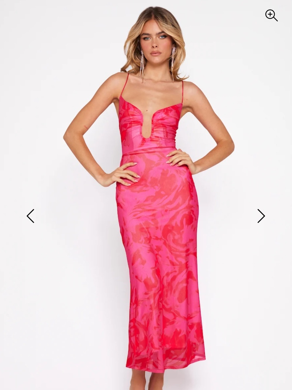 Hello Molly Hot Pink Marble-Print Spaghetti Strap Midi Dress
